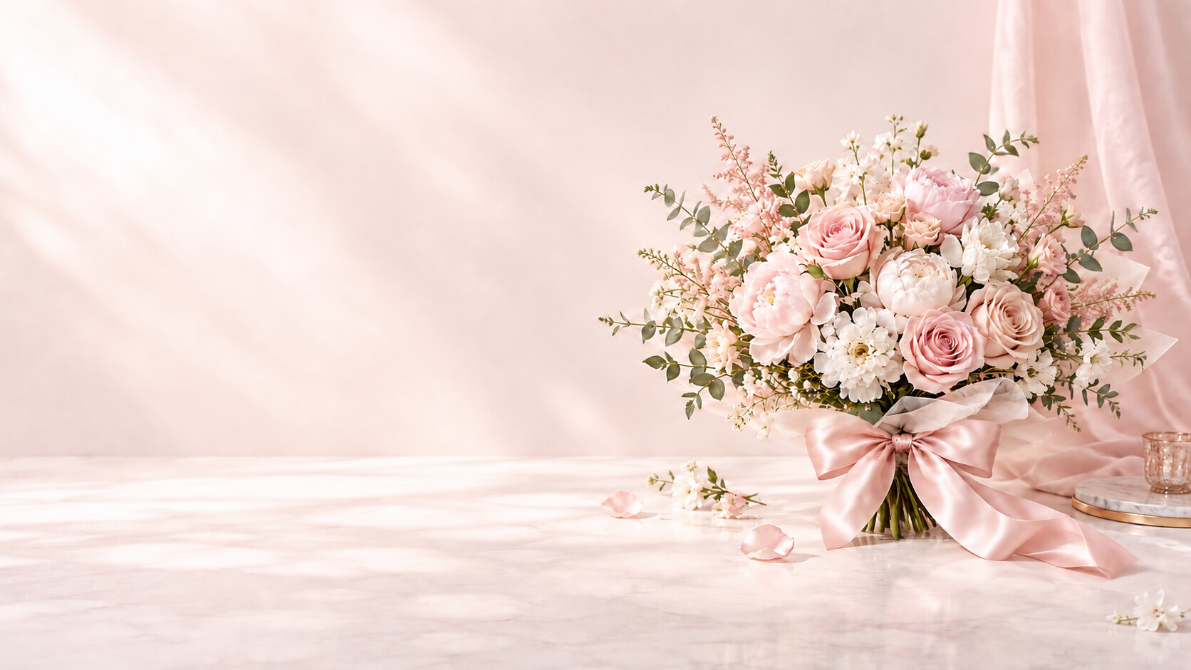 ピンクの薔薇とピンクリボンの花束