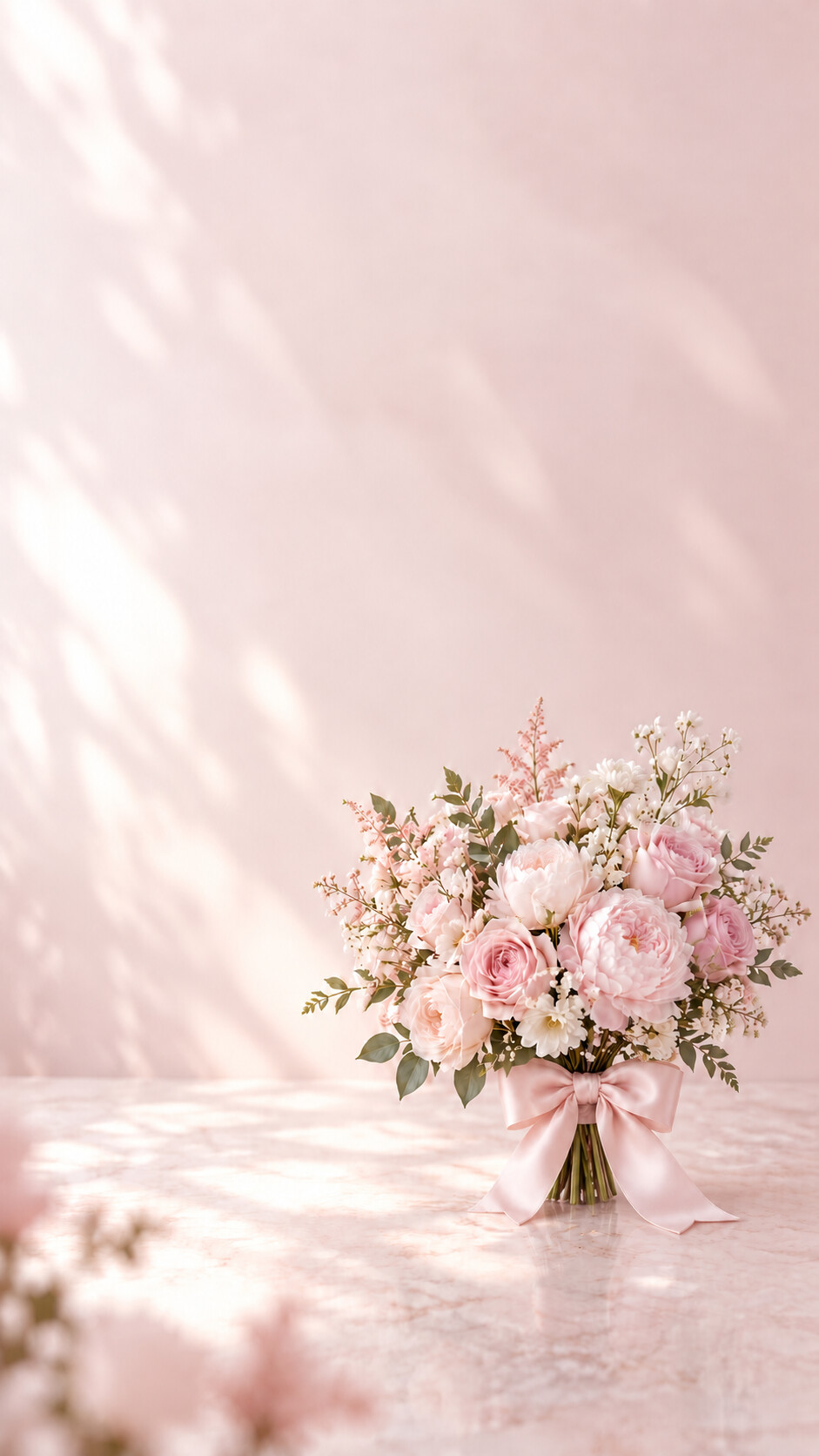 ピンクの薔薇とピンクリボンの花束